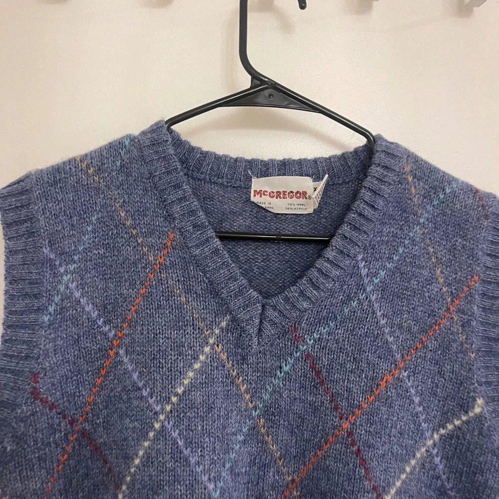 Vintage McGregor Wool Blend Plaid Blue Sweater Vest Preppy Academic Fall College